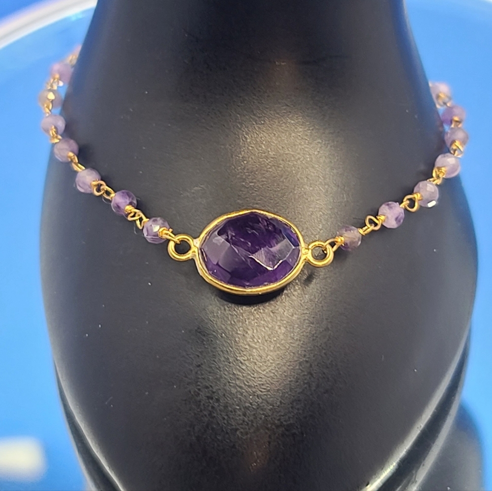 NEW Amethyst Beaded Bracelet 14K Yellow Gold over Sterling Silver